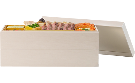 お重のサイズ　縦14.5×横29.5×高さ13cm（二段重）