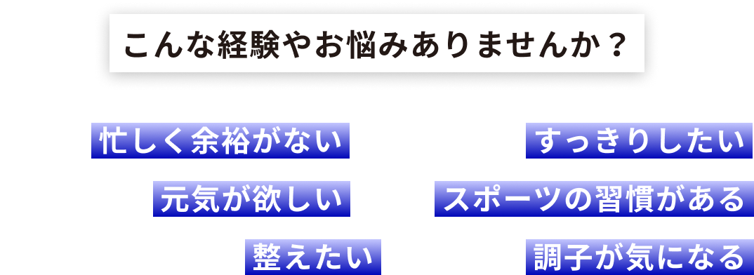 毎日忙しく余裕がない/朝からすっきりしたい/夕方まで元気が欲しい/スポーツの習慣がある/生活のリズムを整えたい/美容の調子が気になる