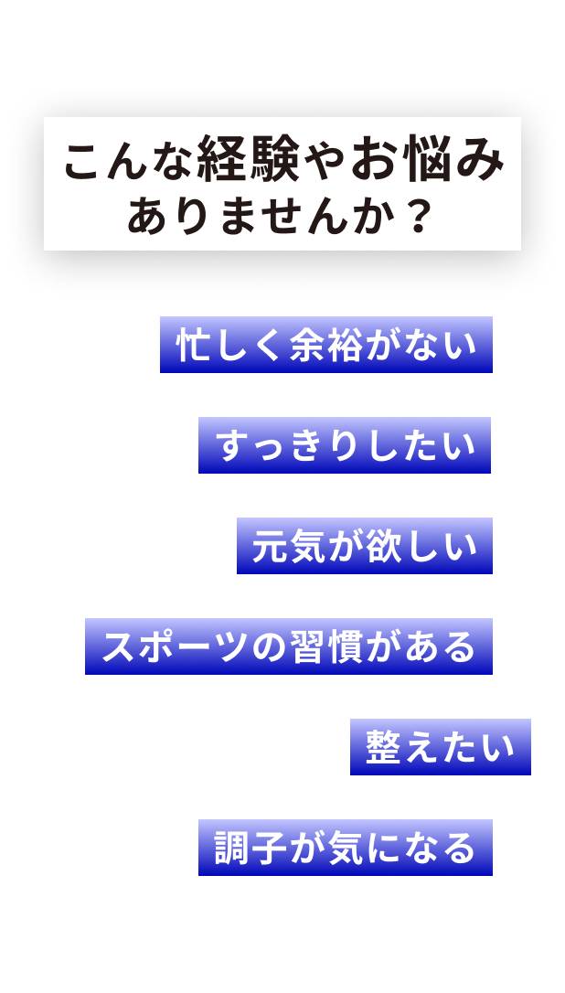 毎日忙しく余裕がない/朝からすっきりしたい/夕方まで元気が欲しい/スポーツの習慣がある/生活のリズムを整えたい/美容の調子が気になる