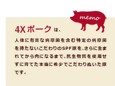 4Xポークは、人体に有害な病原菌を含む特定の病原菌を持たないこだわりのSPF豚を、さらに生まれてから肉になるまで、抗生物質を使用せずに育てた本当に希少でこだわりぬいた豚です。